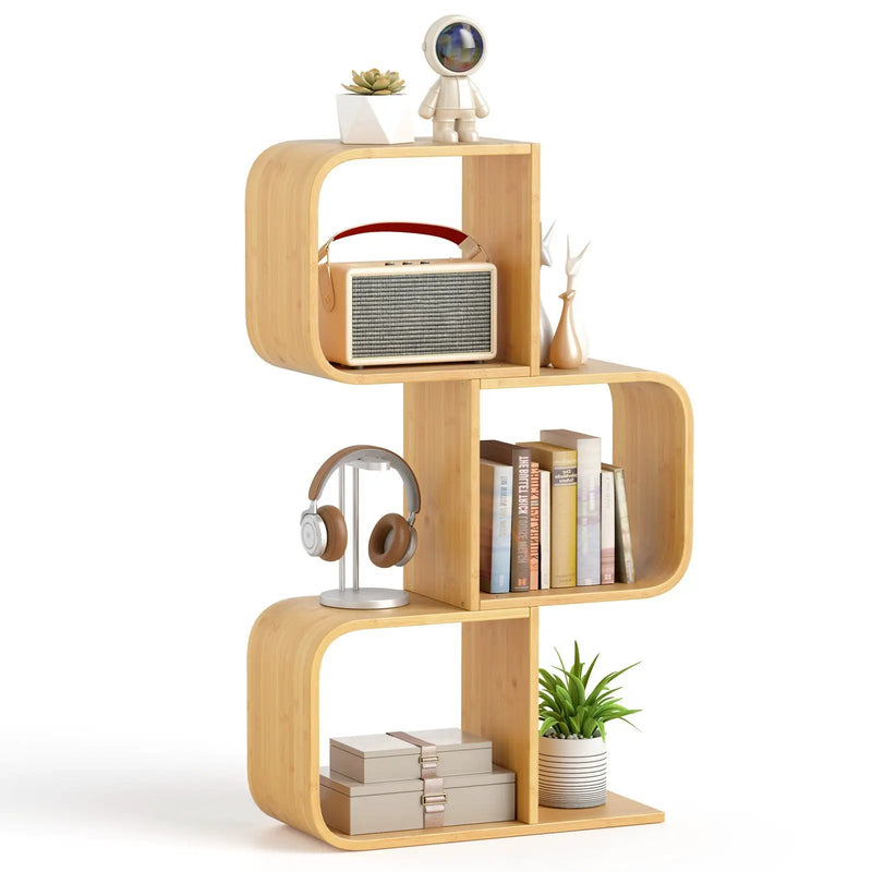 3-Tier S-Shaped Bookcase with 3 Open Cubes for Living Room-Natural by DirectDeals