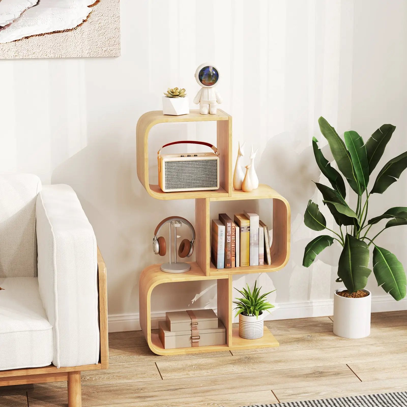 3-Tier S-Shaped Bookcase with 3 Open Cubes for Living Room-Natural by DirectDeals