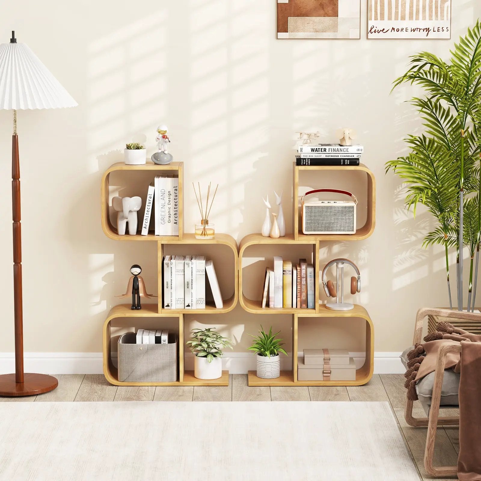 3-Tier S-Shaped Bookcase with 3 Open Cubes for Living Room-Natural by DirectDeals