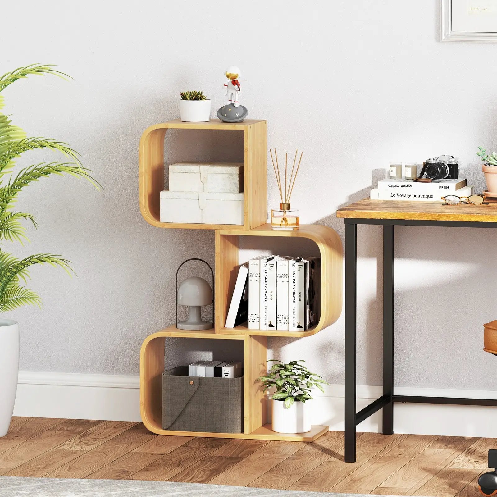 3-Tier S-Shaped Bookcase with 3 Open Cubes for Living Room-Natural by DirectDeals