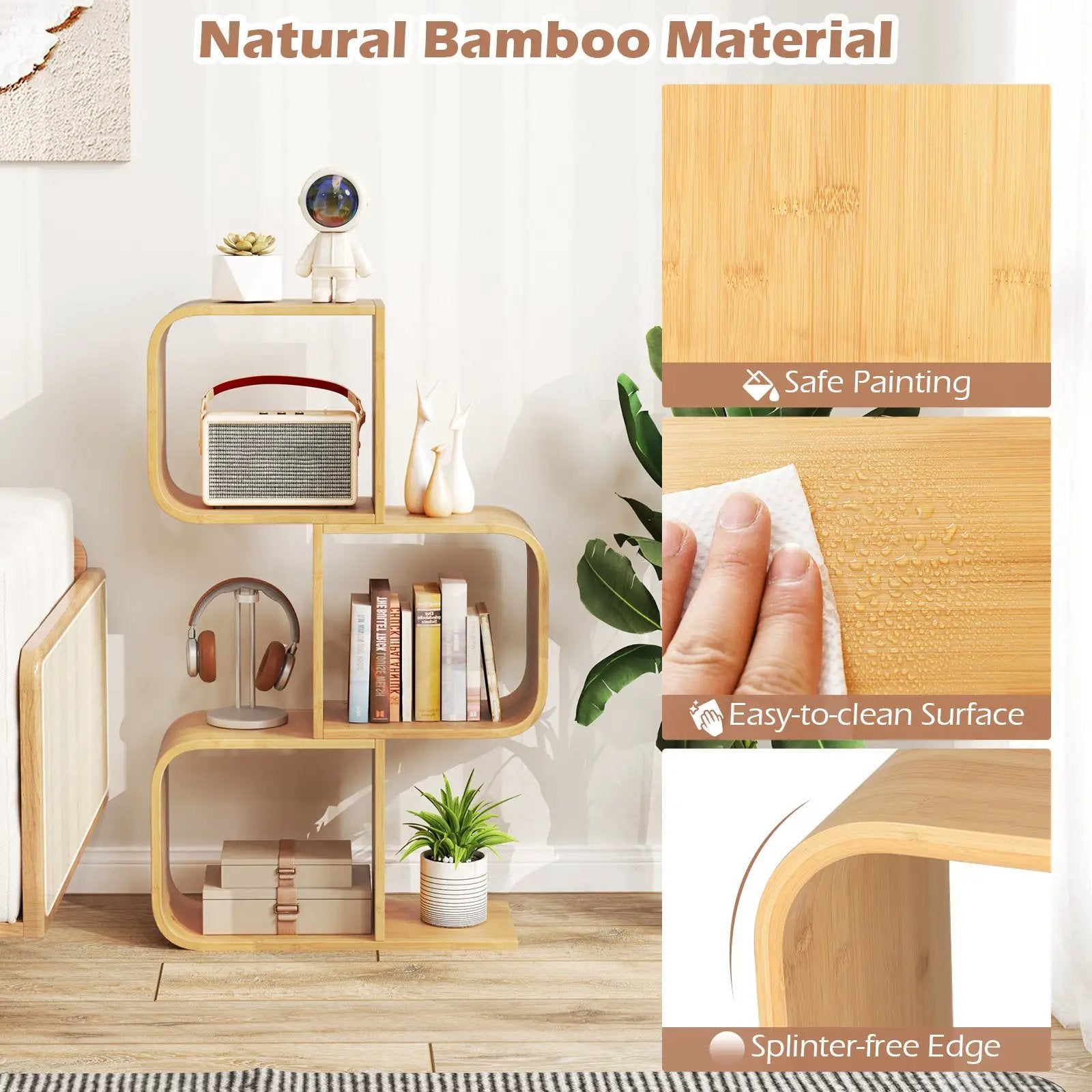 3-Tier S-Shaped Bookcase with 3 Open Cubes for Living Room-Natural by DirectDeals