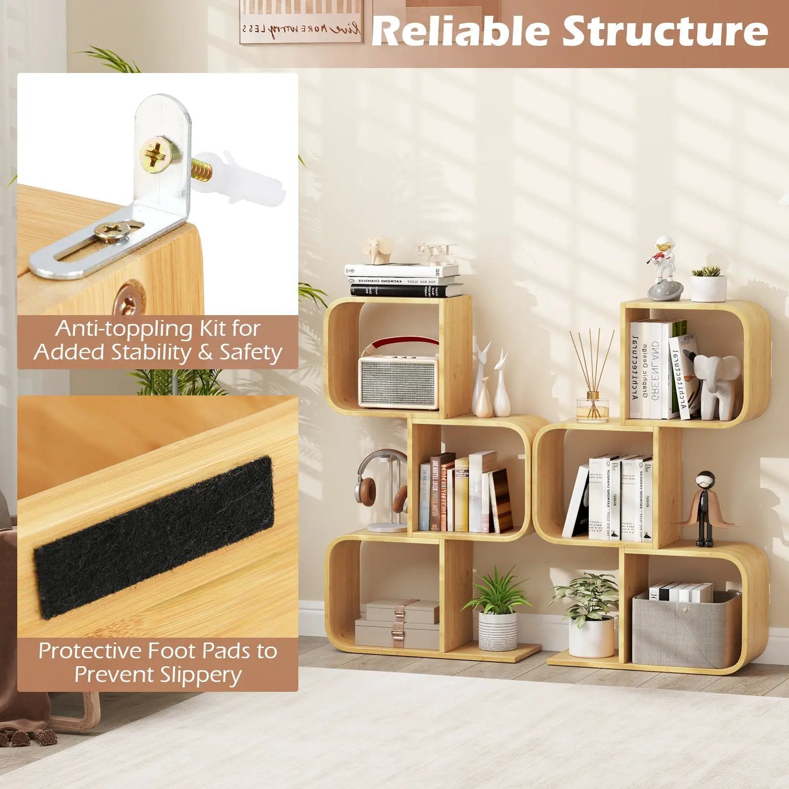 3-Tier S-Shaped Bookcase with 3 Open Cubes for Living Room-Natural by DirectDeals
