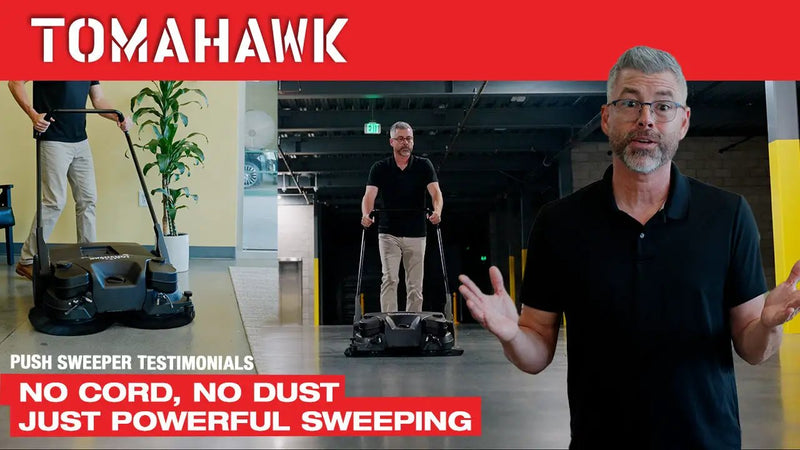 30" Battery Powered Push Sweeper with Triple Power Brooms Electric Drive and Dust Suppression Sprayer by Tomahawk Power