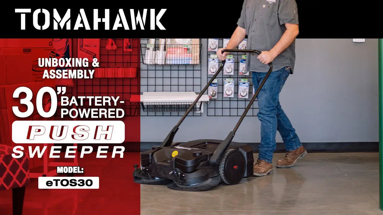30" Battery Powered Push Sweeper with Triple Power Brooms Electric Drive and Dust Suppression Sprayer by Tomahawk Power