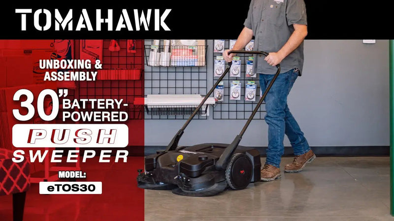 30" Battery Powered Push Sweeper with Triple Power Brooms Electric Drive and Dust Suppression Sprayer by Tomahawk Power