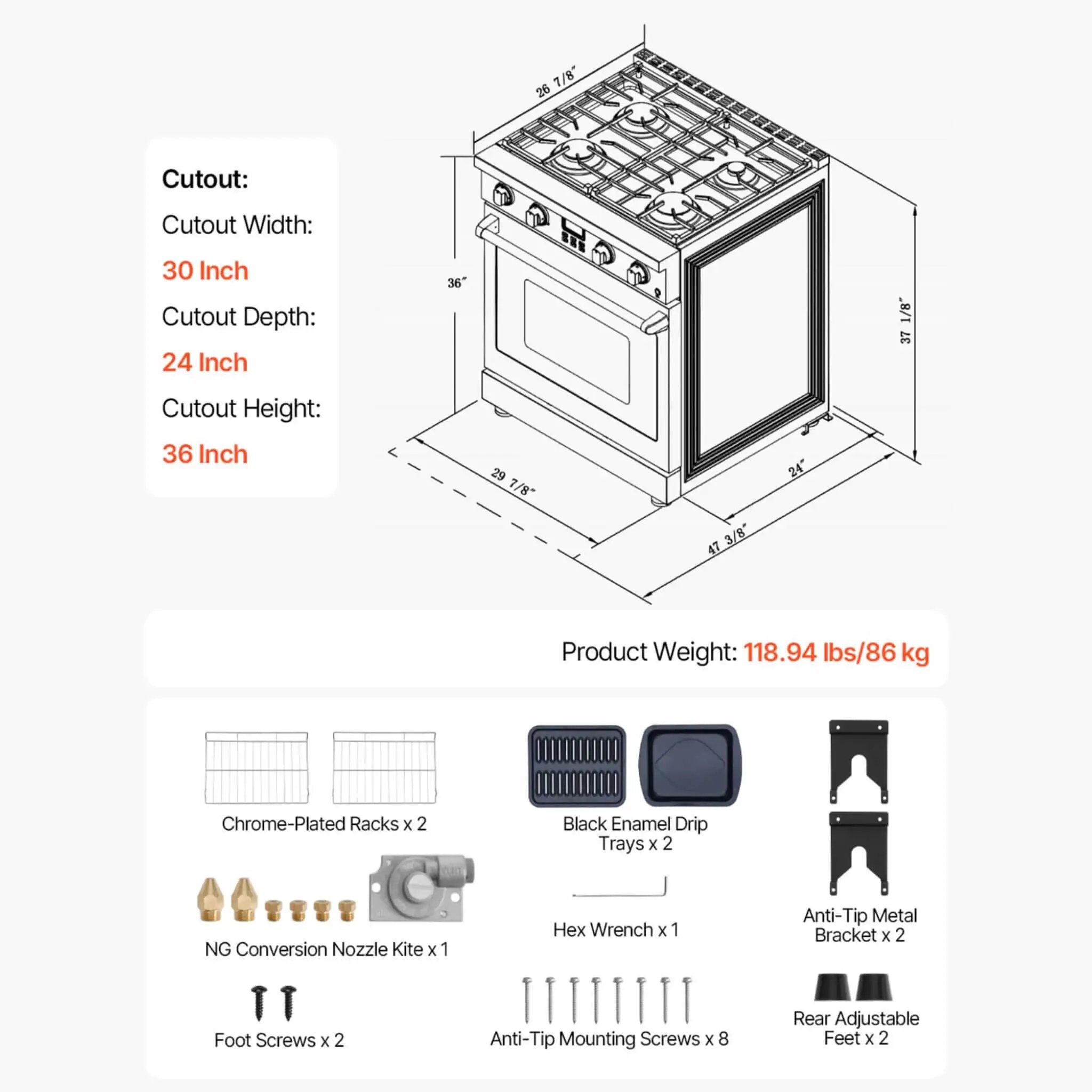 30-Inch Stainless Steel Convection Gas Range Oven With 4-Sealed Burners (SAK25187) by SAKSBY WHOLESALE