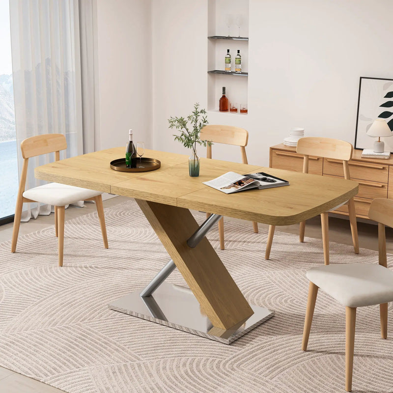 Retractable Square Dining Table, Seating 4 - 6 People, Cross Base With Stainless Steel Tubing, Expandable - Natural by HouseOfZazla