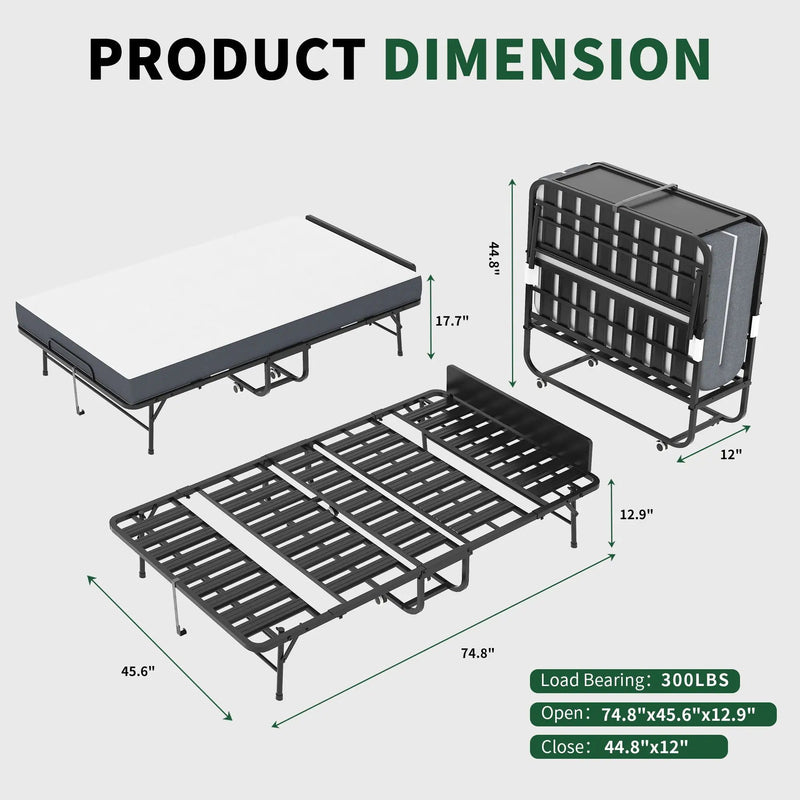 Twin Extra Long Folding Bed With Adjustable Headboard, Cot With Memory Foam Mattress - Black by Unique Piece Furniture