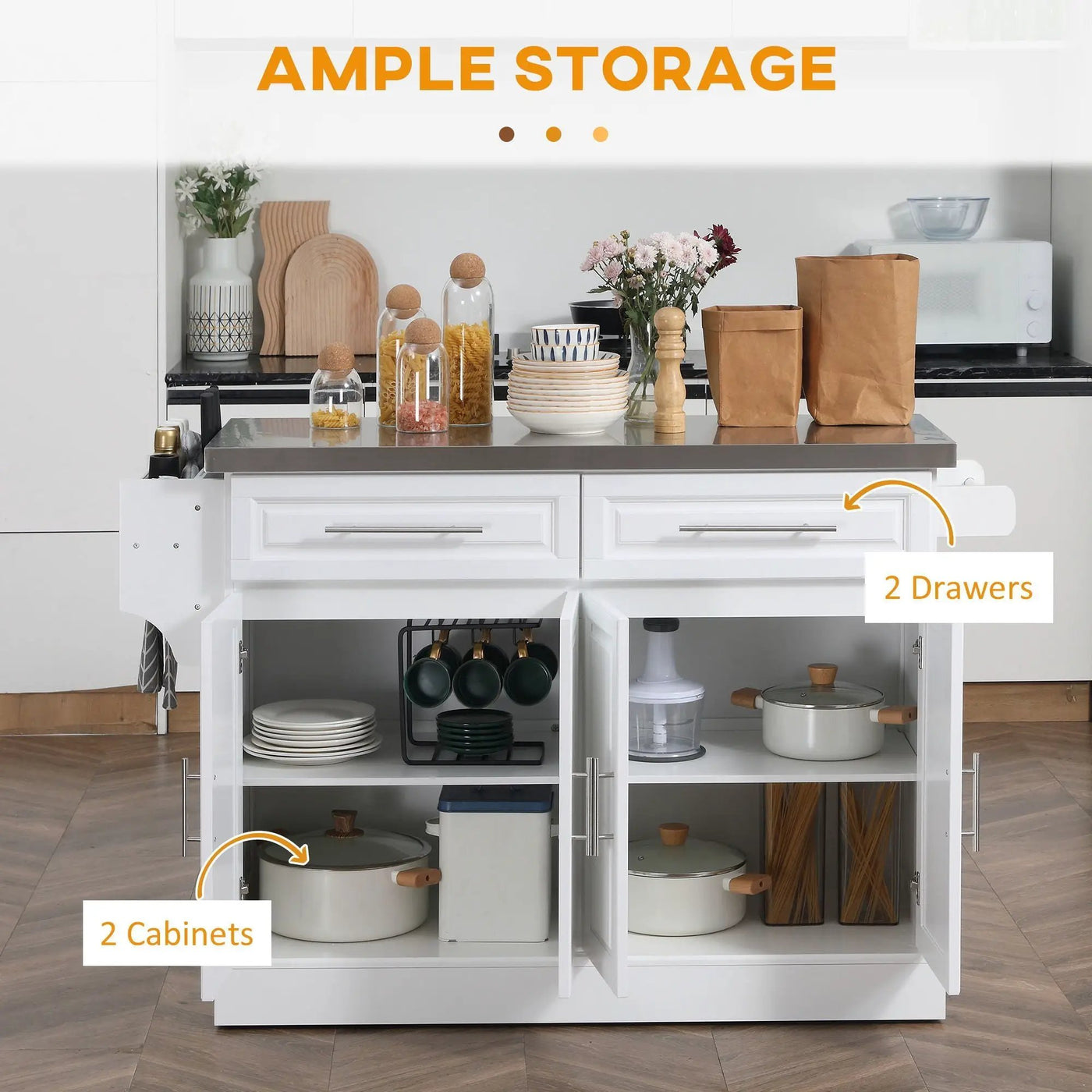 Homcom - Rolling Kitchen Island With Storage, Portable Kitchen Cart With Stainless Steel Top, 2 Drawers, Spice, Knife And Towel Rack And Cabinets by HouseOfZazla