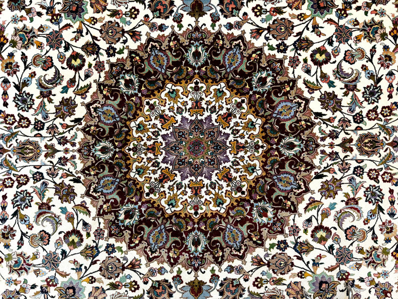 Persian Tabriz Rug 8x11, Floral Medallion Traditional Area Rug, Fine 300 KPSI, Ivory Maroon by Jewel Rugs