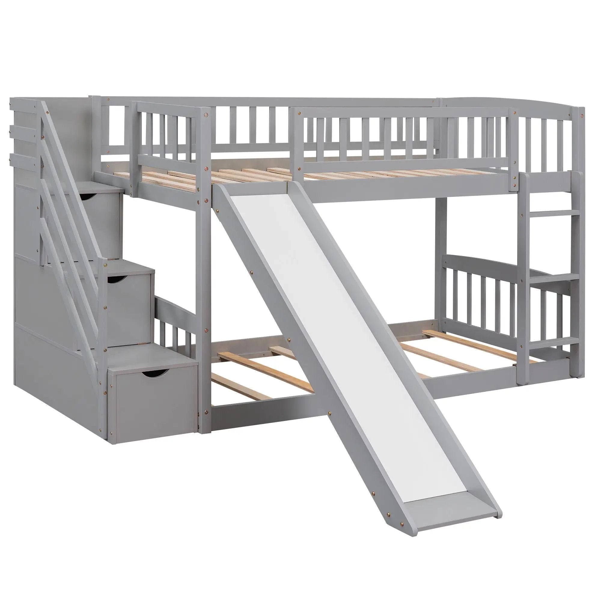 Twin Over Twin Bunk Stairway Bed With 2 Drawers And Slide - Gray by HouseOfZazla