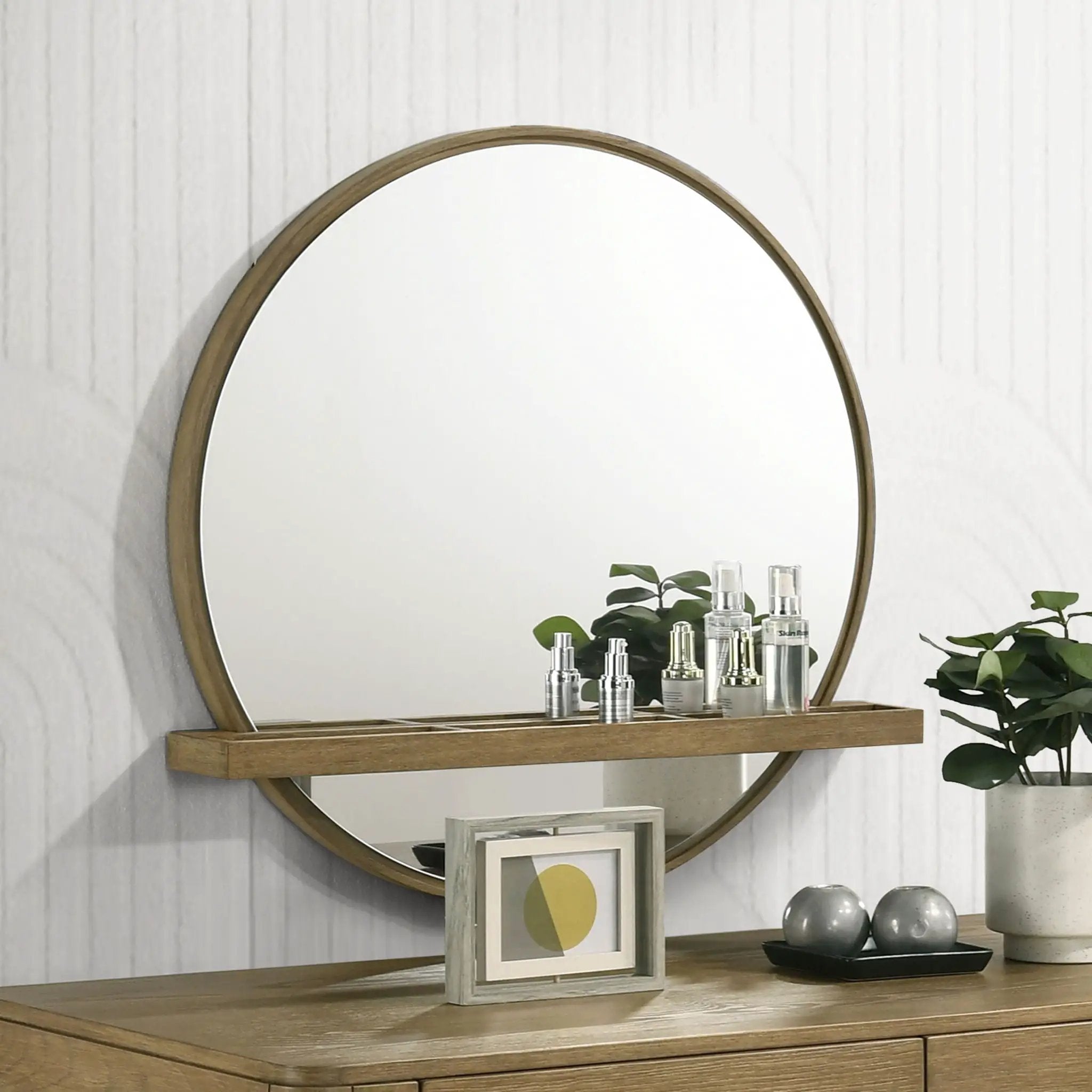 Arini Round Vanity Wall Mirror with Shelf Sand Wash by Unique Piece Furniture