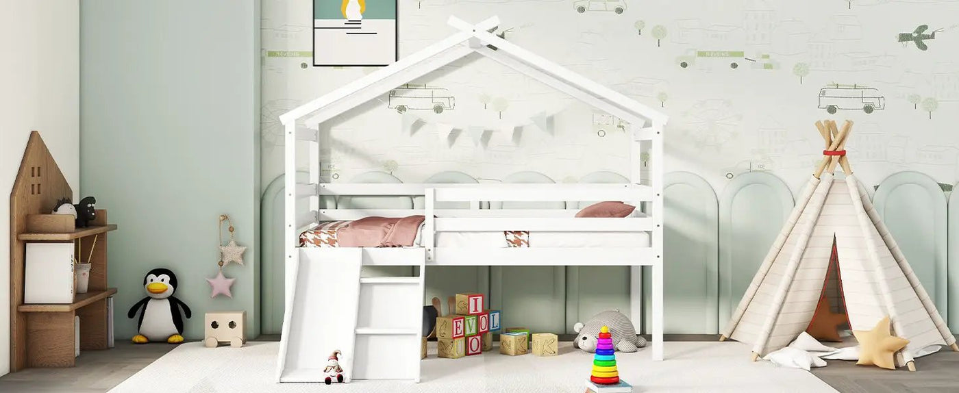 Low Loft House Bed With Slide, Ladder, Safety Guardrails, House Roof Frame by Unique Piece Furniture