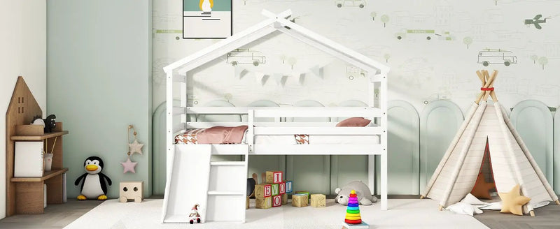 Low Loft House Bed With Slide, Ladder, Safety Guardrails, House Roof Frame by Unique Piece Furniture
