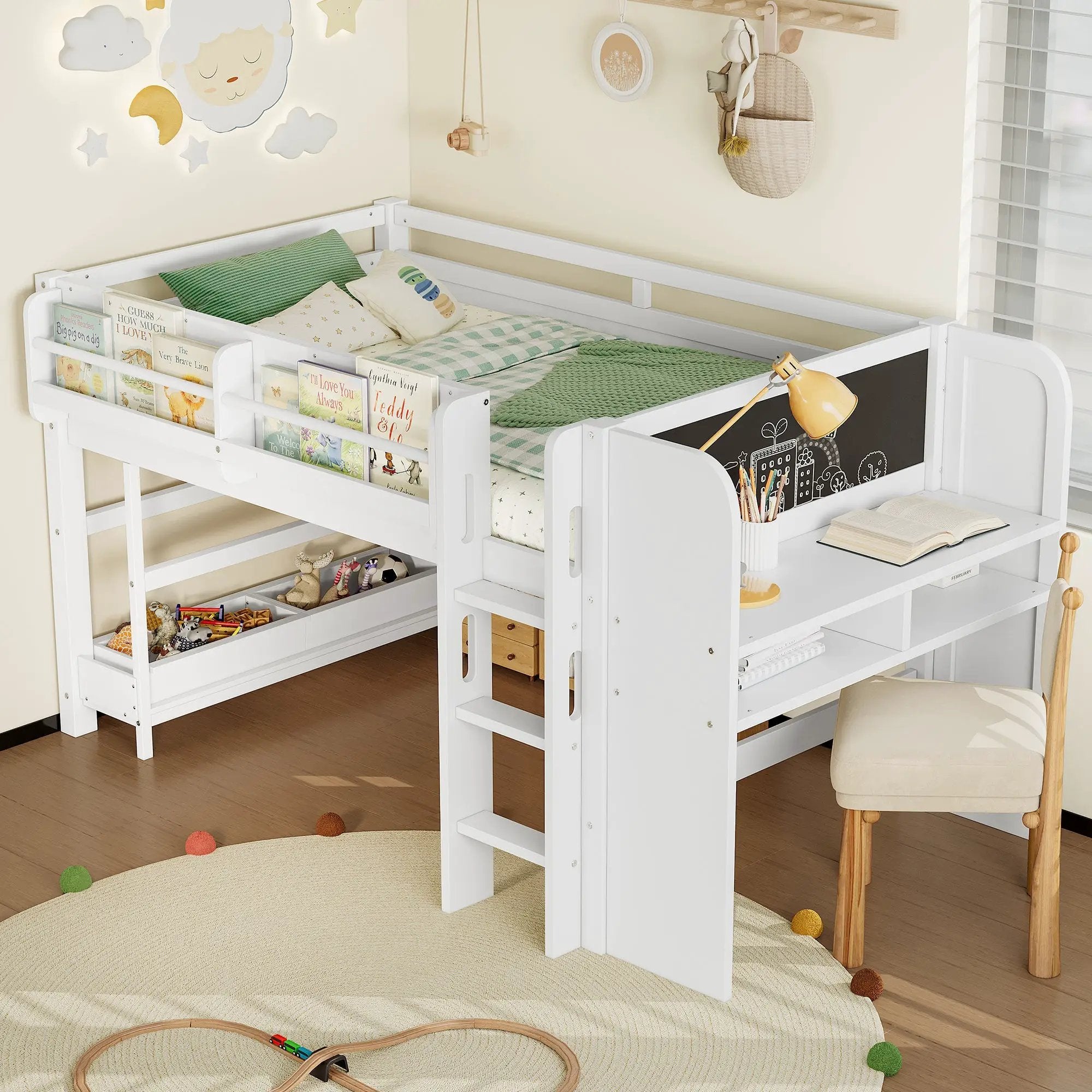 Twin Loft Bed With Multi-Storage Bookcases, Desk And Blackboard by HouseOfZazla