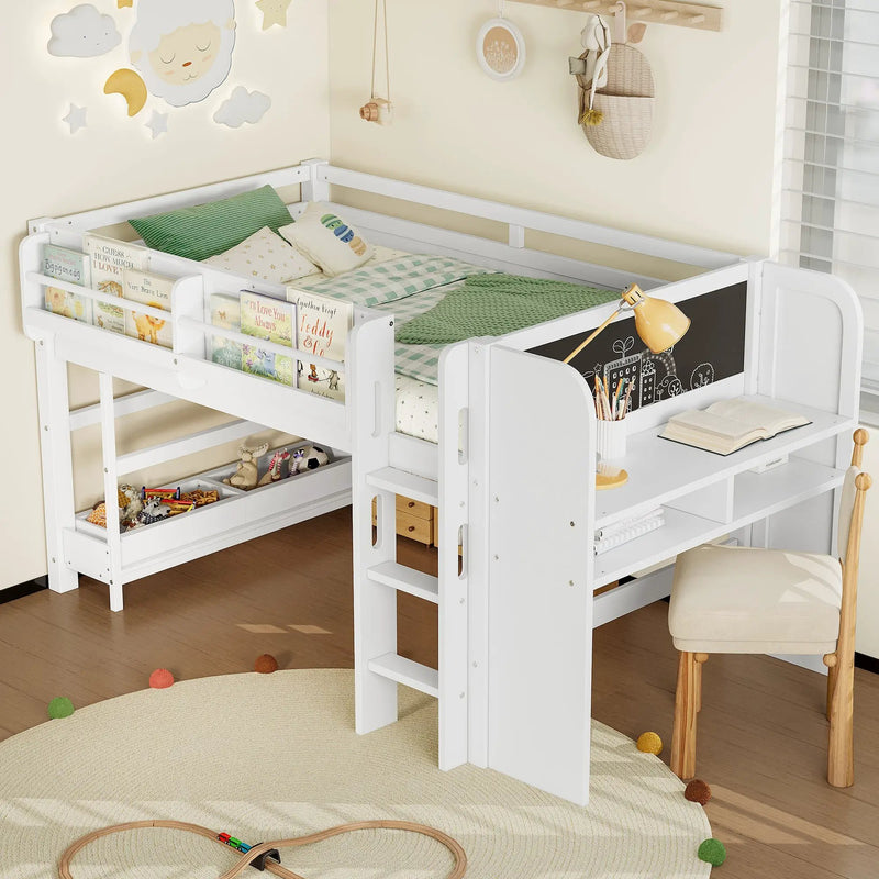 Twin Loft Bed With Multi-Storage Bookcases, Desk And Blackboard by HouseOfZazla