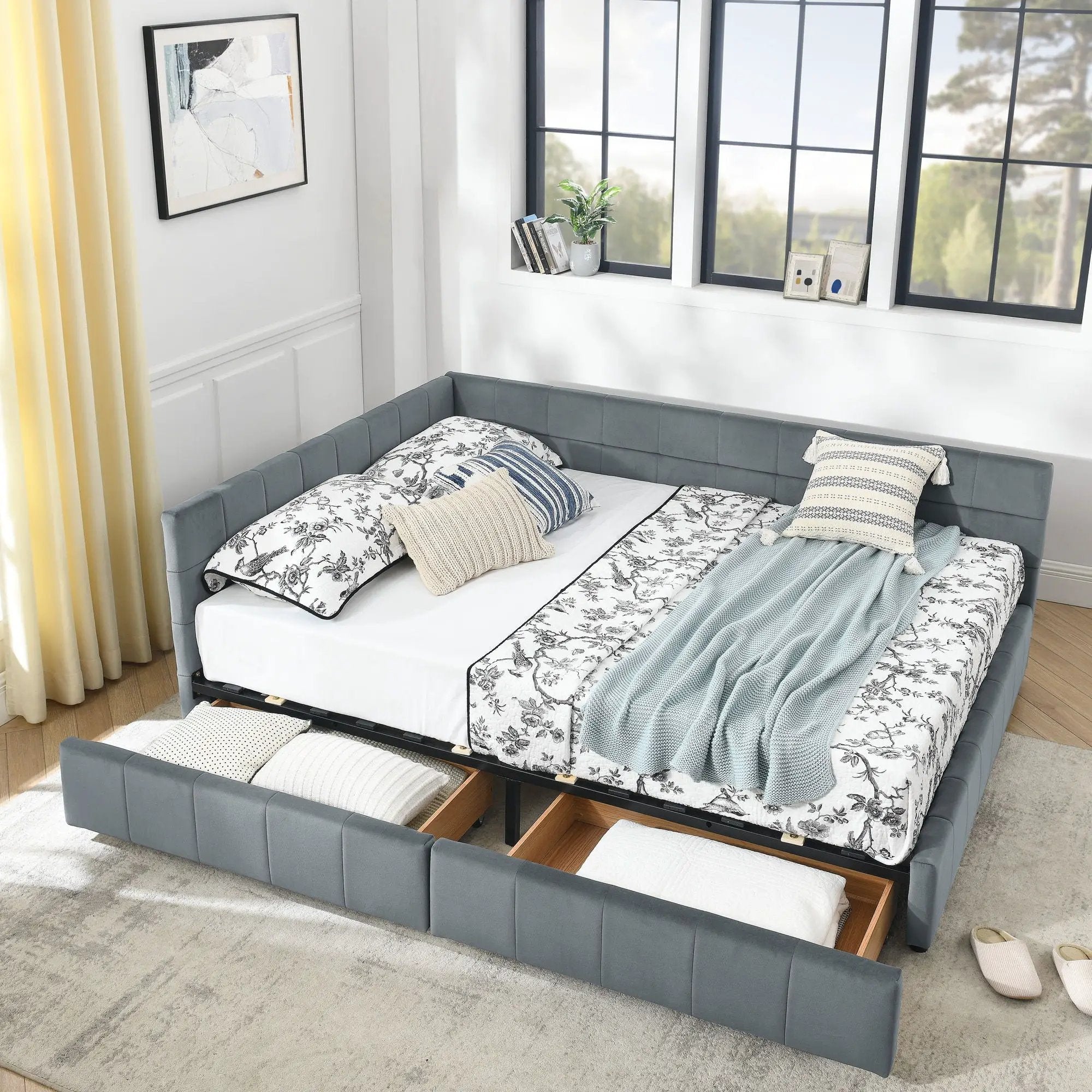 Mid-Century Storage Upholstered Tufted Bed Frame With Backrest And Armrests by Unique Piece Furniture