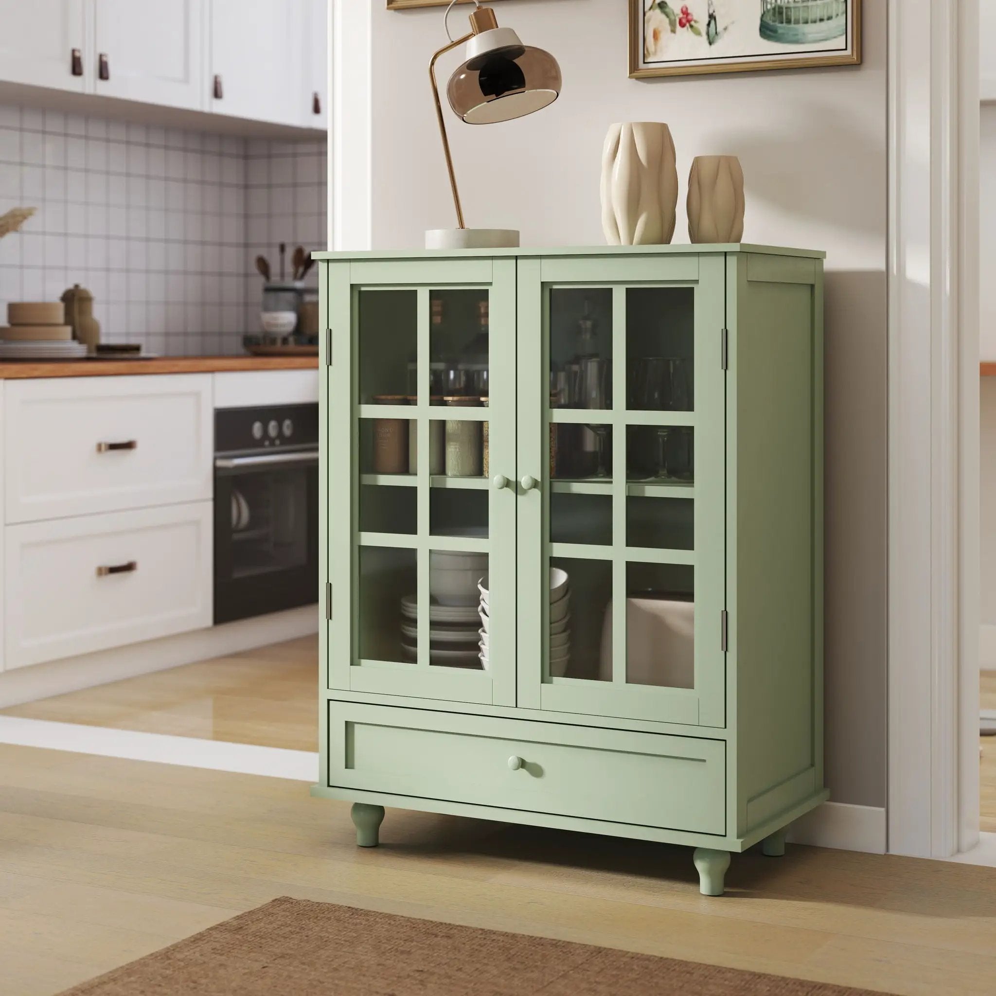 Minimalist Buffet Cabinet With Double Glass Doors And Drawer