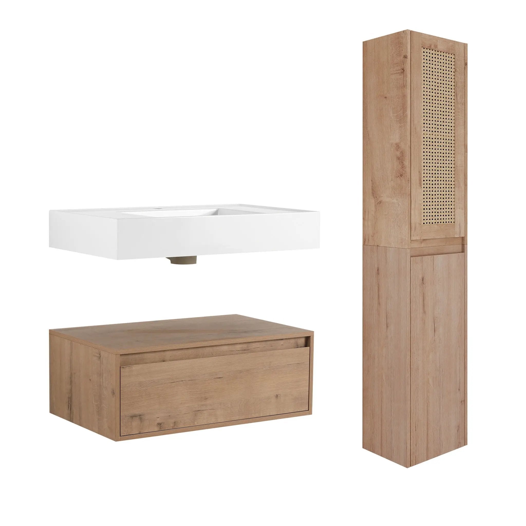 Contemporary Wall Mounted Bathroom Vanity With Resin Sink And 2 Side Cabinet - Imitative Oak by HouseOfZazla