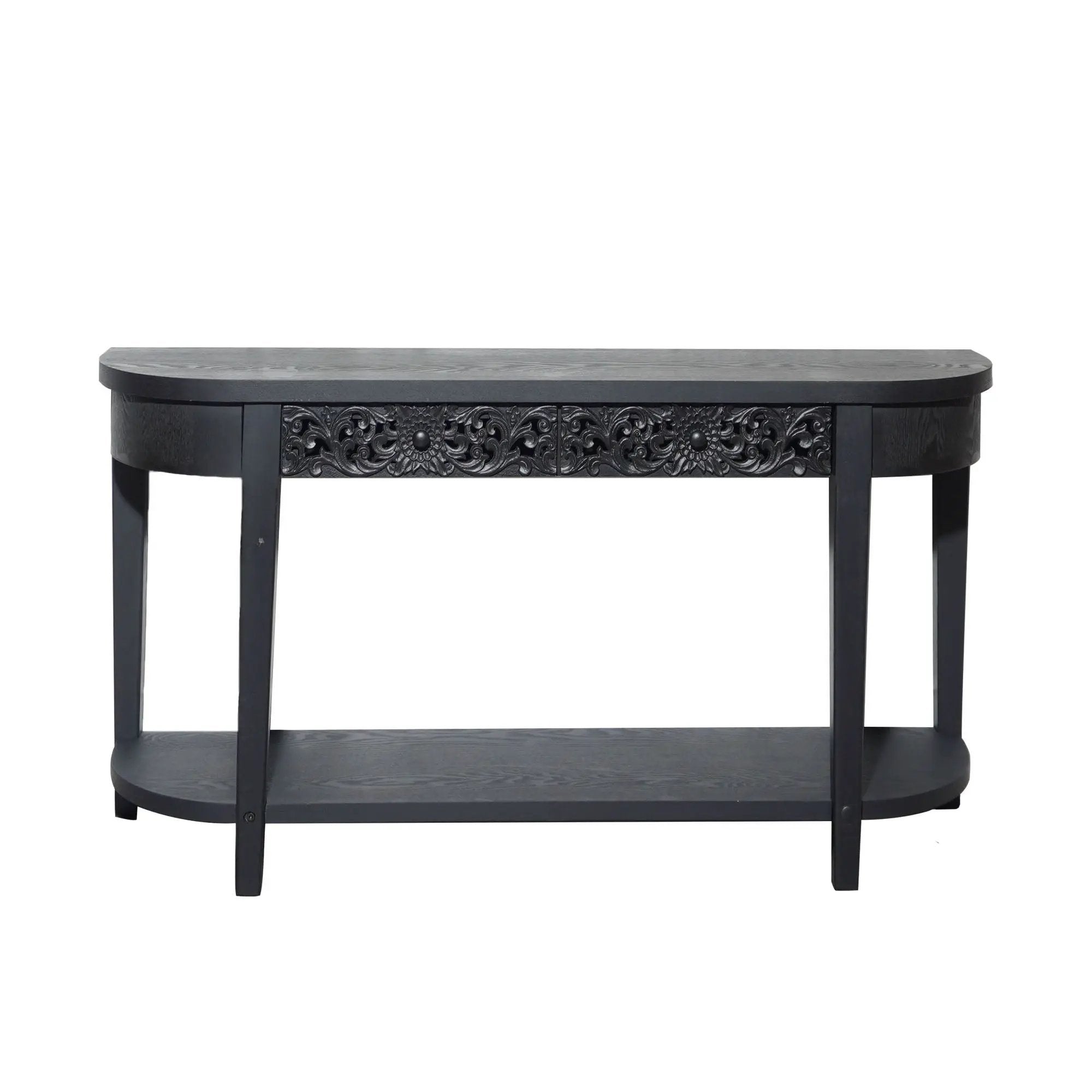 Carved Console Table With Storage Shelf For Living Room - Black
