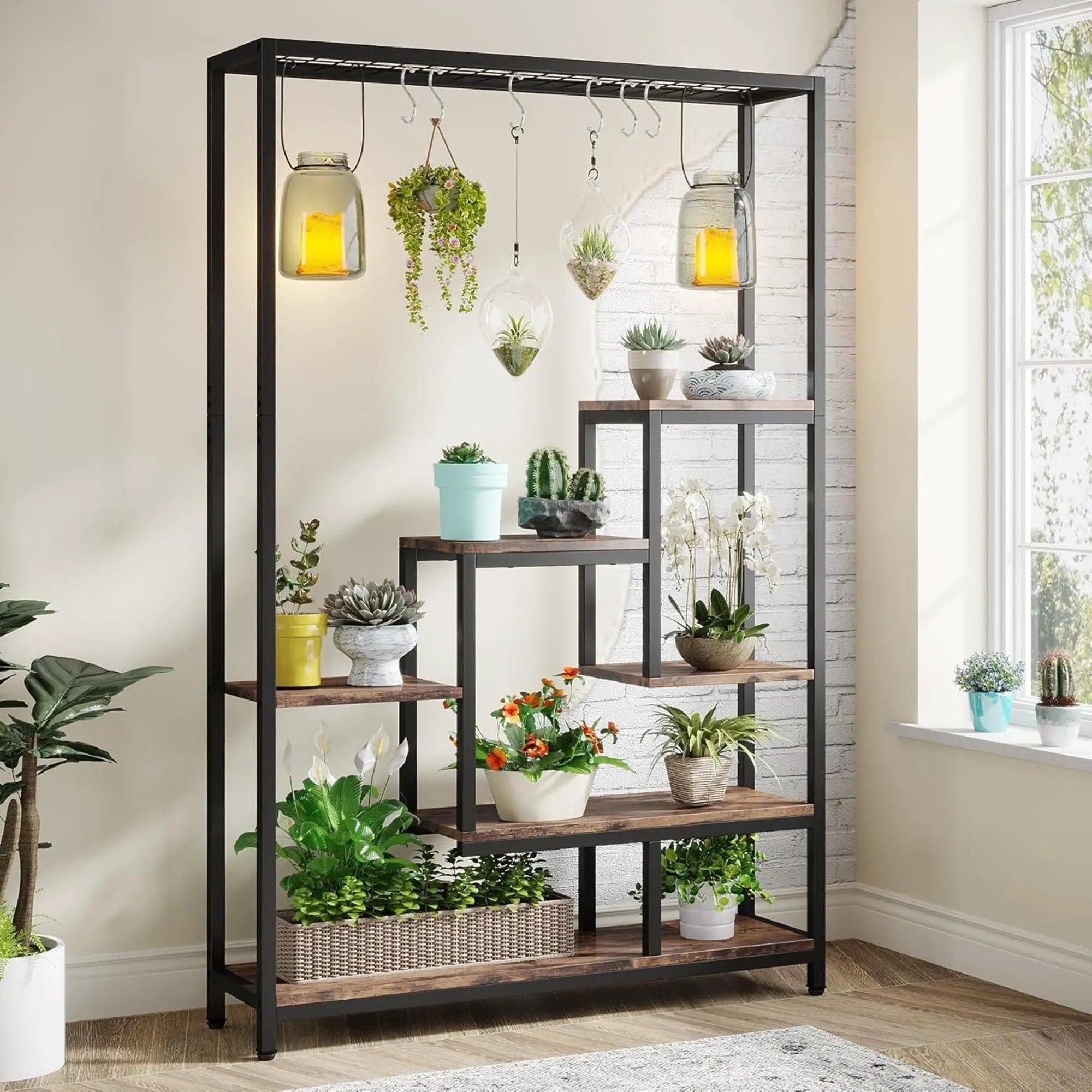 5 Tier Plant Stand With 6 Hooks For Living Room - Brown / Black by HouseOfZazla