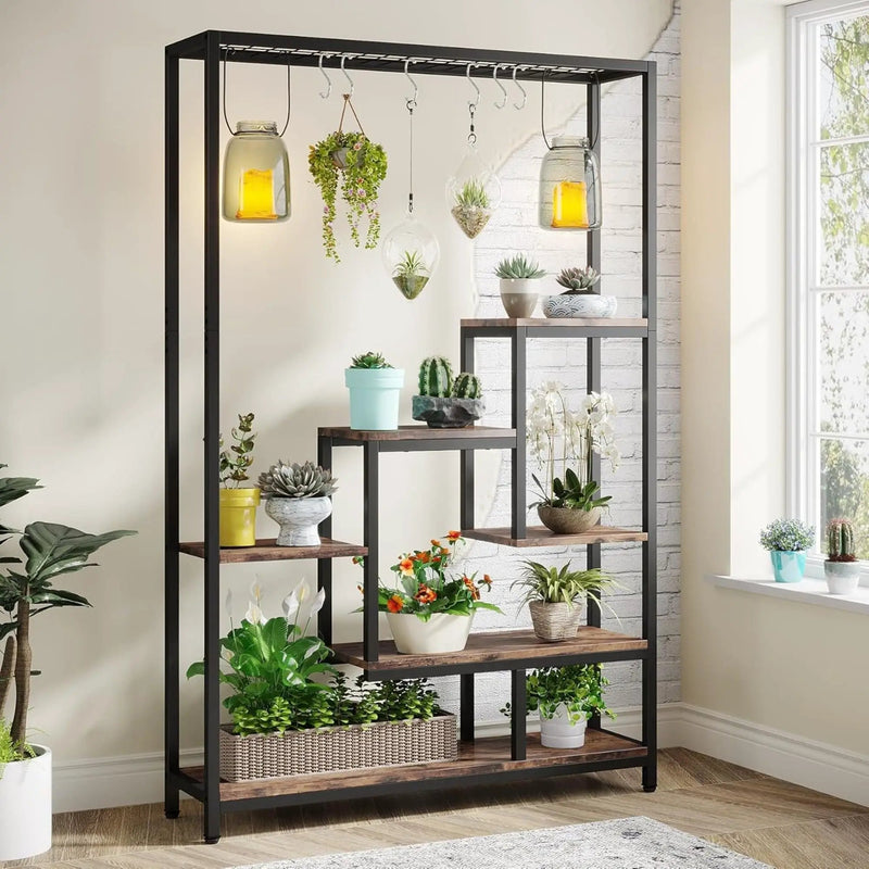 5 Tier Plant Stand With 6 Hooks For Living Room - Brown / Black by HouseOfZazla