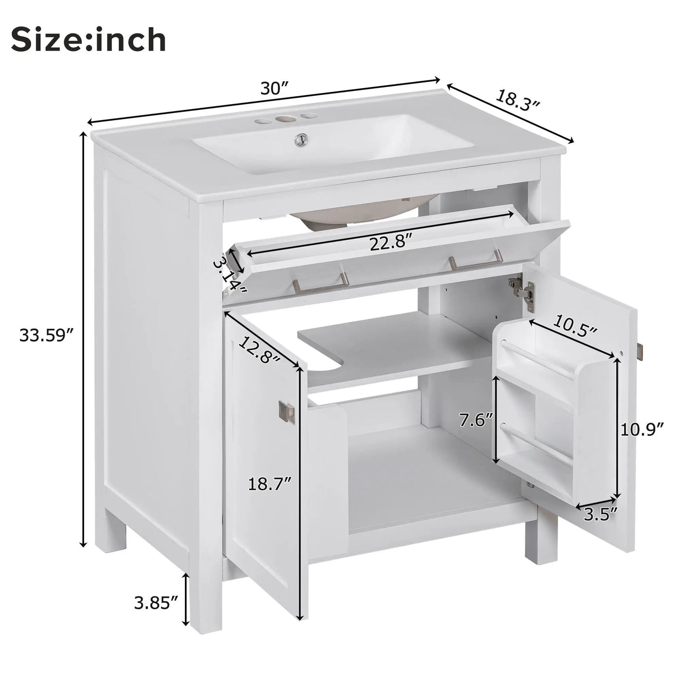 Bathroom Vanity With Ceramic Sink, Modern Single Bathroom Cabinet With 2 Doors And A Shelf, Soft Close Doors by Unique Piece Furniture