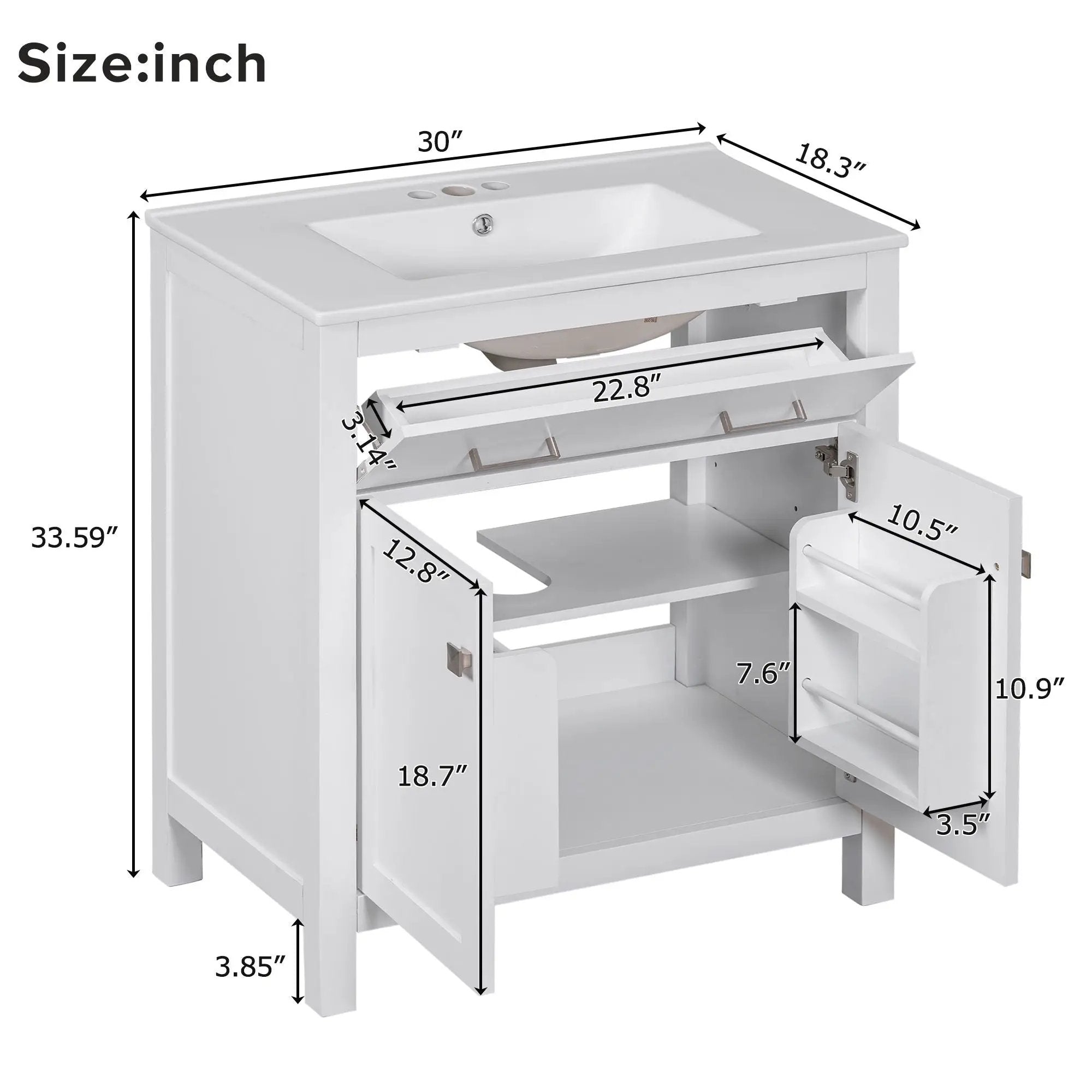 Bathroom Vanity With Ceramic Sink, Modern Single Bathroom Cabinet With 2 Doors And A Shelf, Soft Close Doors by HouseOfZazla