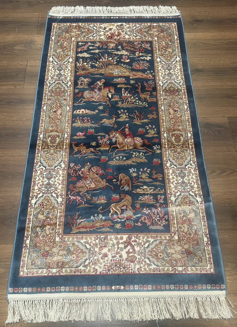Turkish Silk Hunting Scene Rug 2.6 x 5, Dark Steel Blue & Ivory, Bamboo Silk, New by Jewel Rugs