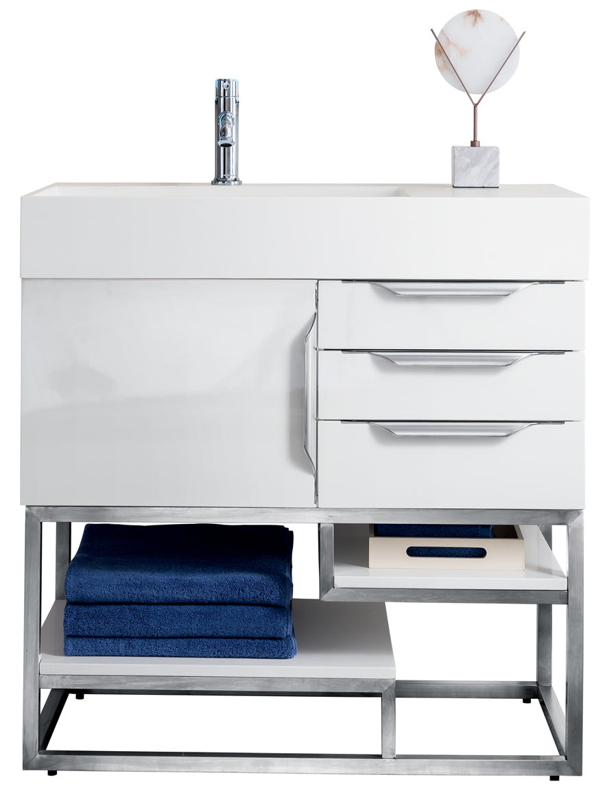 James Martin Columbia 36" Single Bathroom Vanity, Glossy White with Glossy White (Brushed Nickel) countertop