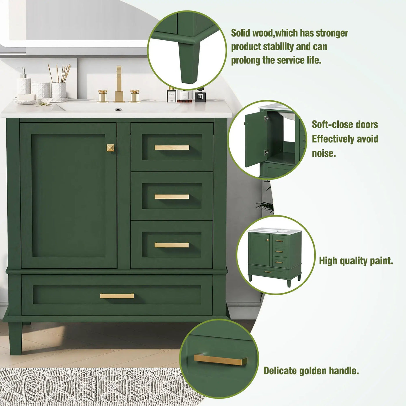 Bathroom Vanity, Modern Bathroom Cabinet With Sink Combo Set, Bathroom Storage Cabinet With A Soft Closing Door And 3 Drawers, Solid Wood Frame by Unique Piece Furniture