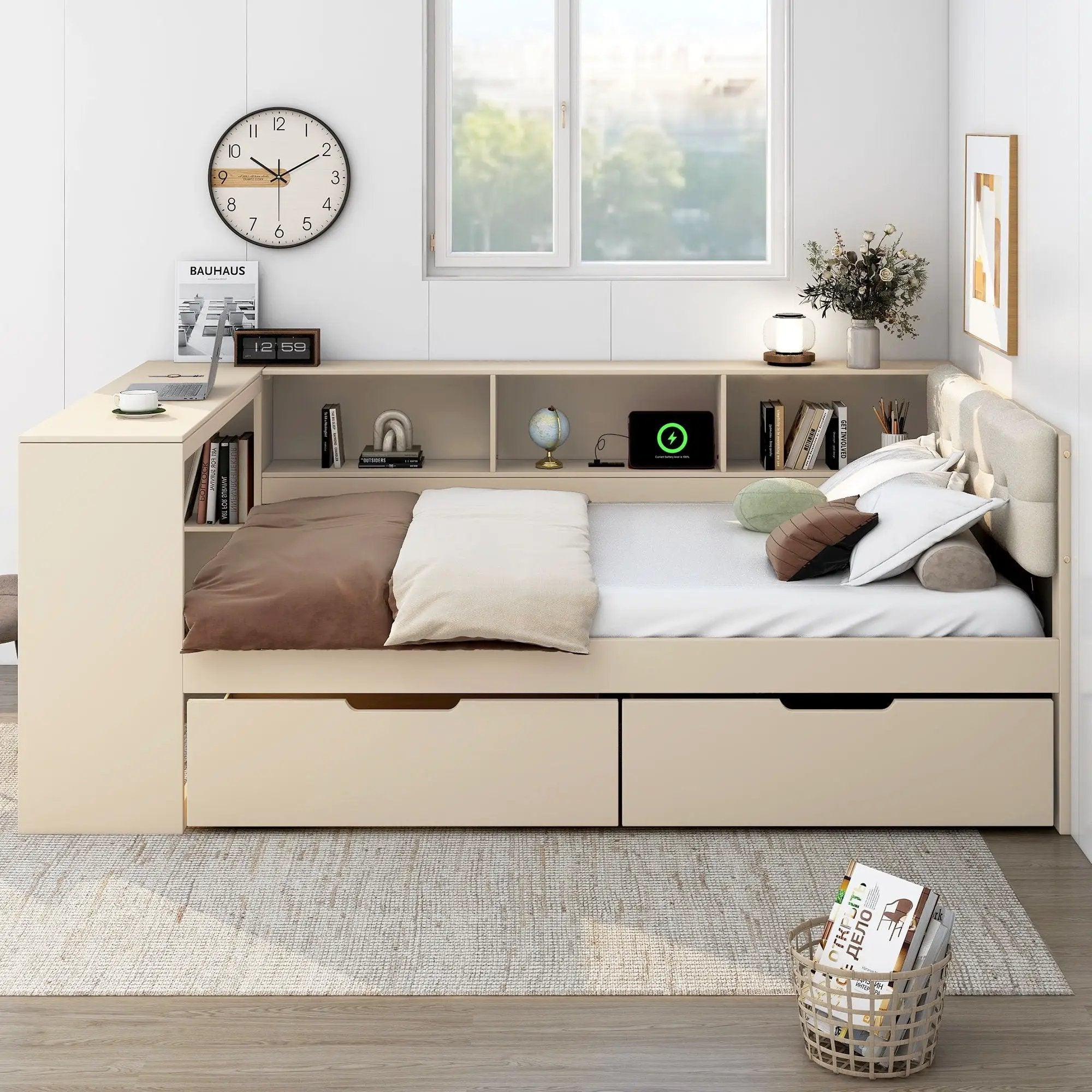 Upholstered Headboard Platform Bed With Storage Shelves, Drawers, Charging Station by Unique Piece Furniture