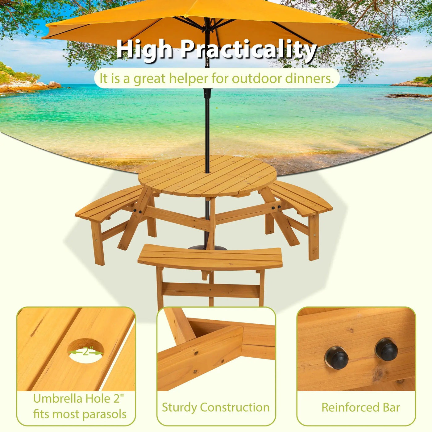 6 Person Circular Outdoor Wooden Picnic Table For Patio, Backyard, Garden, Diy With 3 Built-In Benches, 1720Lb Capacity by HouseOfZazla