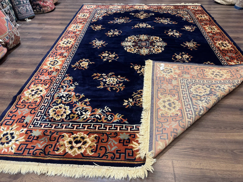 Chinese Wool Rug 8x11, Navy Blue and Terracotta, Floral, Couristan Belgium Power Loomed Carpet by Jewel Rugs