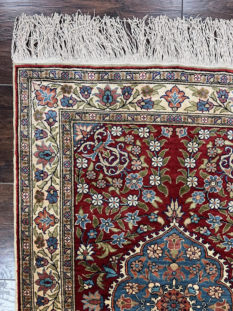 Silk Turkish Kayseri Rug 2x3, Small All Silk Turkish Carpet, Red and Light Blue, Very Fine Hand Knotted Semi Antique Vintage Handmade Rug by Jewel Rugs