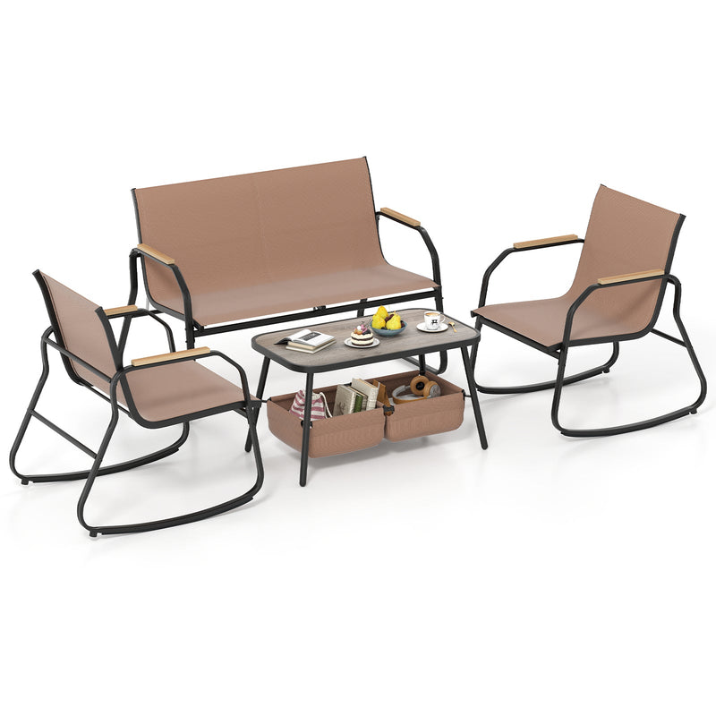 4 Pieces Patio Furniture Set with Rocking Bistro Chairs and Breathable Mesh Fabric-Coffee by DirectDeals