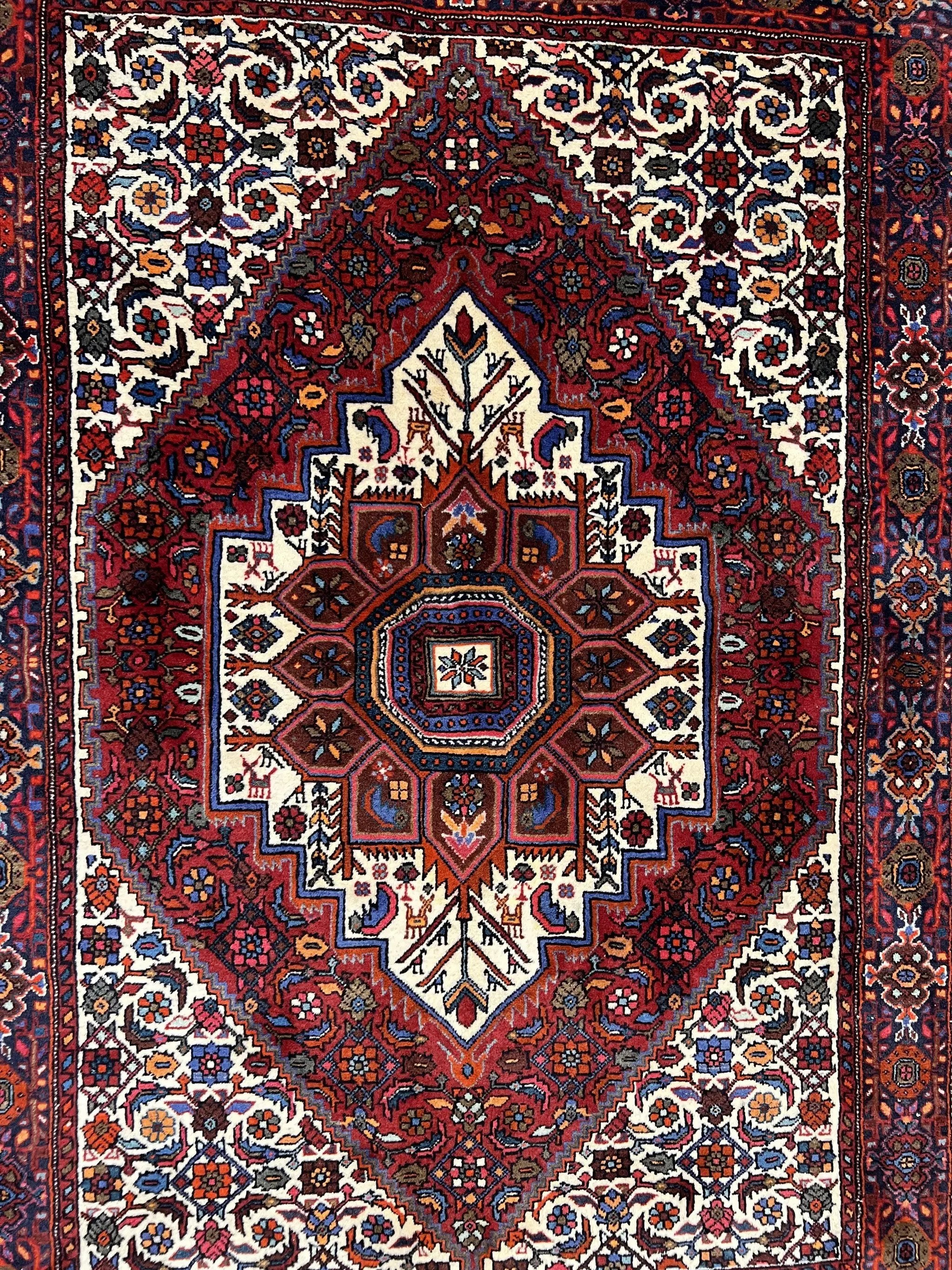 Fine Persian Bidjar Rug 3x5, Geometric Medallion Oriental Bijar Carpet 3 x 5 ft, Ruby Red and Cream, Hand Knotted Wool Rug, Semi Antique Tribal Rug, Nice by Jewel Rugs