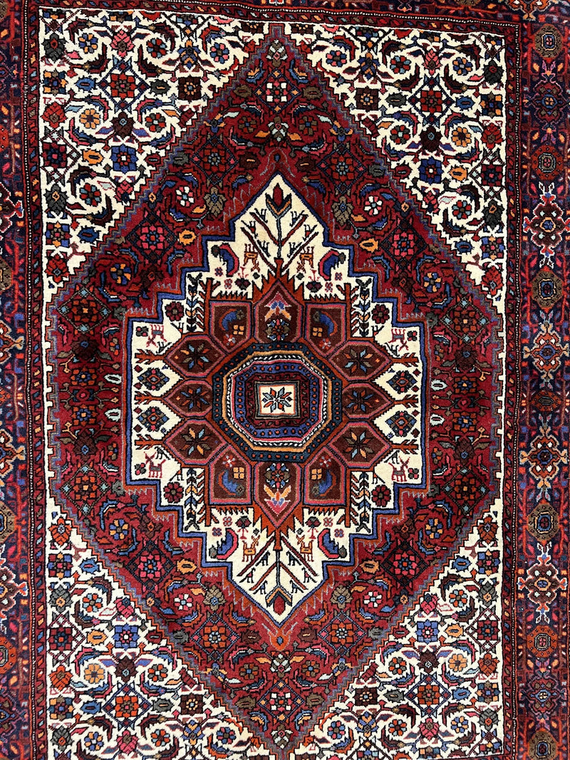 Fine Persian Bidjar Rug 3x5, Geometric Medallion Oriental Bijar Carpet 3 x 5 ft, Ruby Red and Cream, Hand Knotted Wool Rug, Semi Antique Tribal Rug, Nice by Jewel Rugs