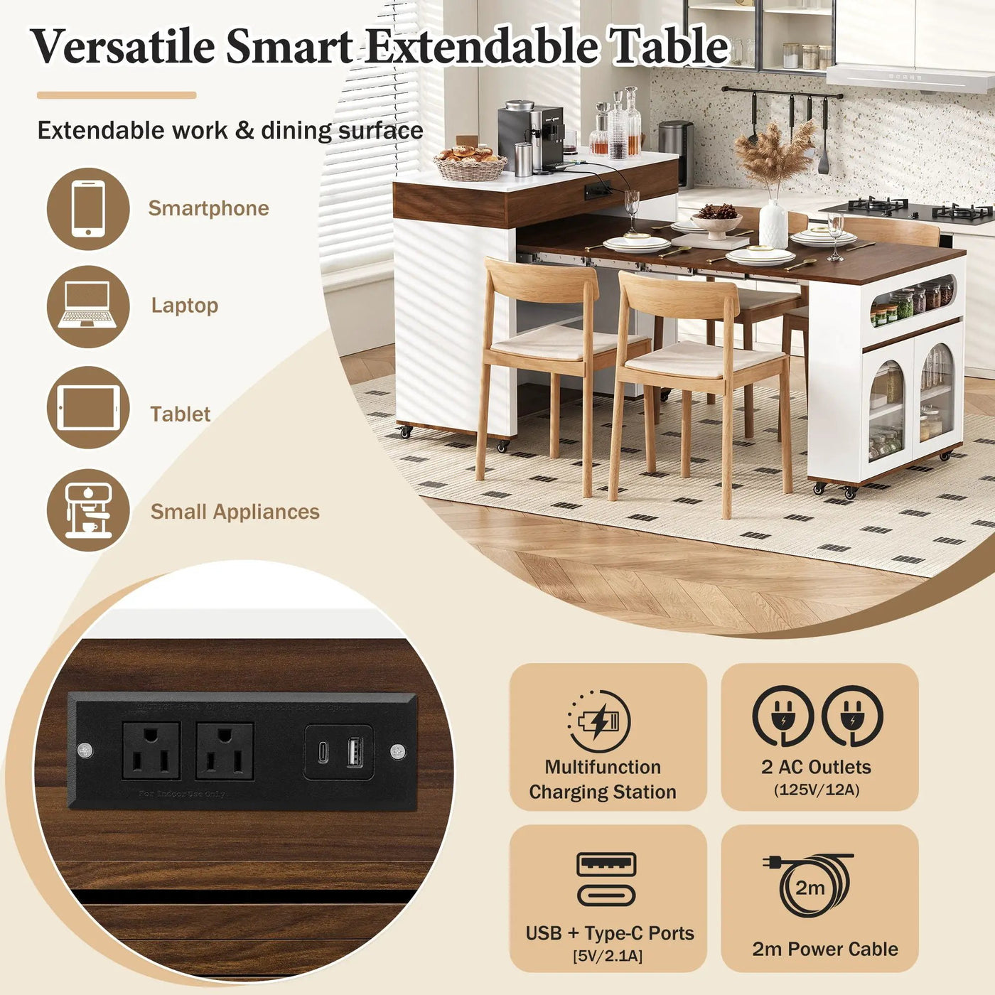 Extendable Dining Table With Folding Top, Rolling Kitchen Island With Drawers And Power Outlet by HouseOfZazla