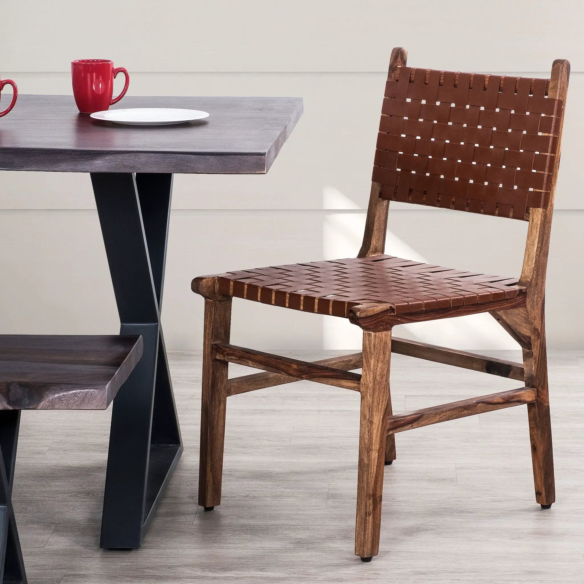 Rustic Wooden Dining Chair (Set of 2) With Genuine Leather Woven Upholstery - Brown by HouseOfZazla