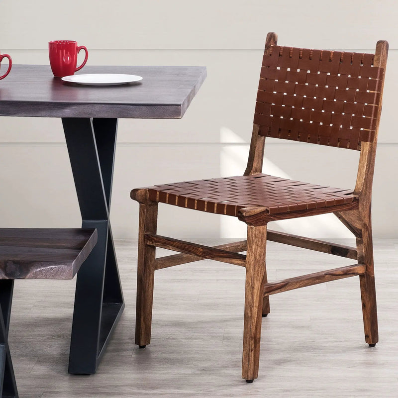 Rustic Wooden Dining Chair (Set of 2) With Genuine Leather Woven Upholstery - Brown by HouseOfZazla