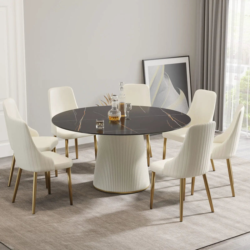 Modern Artificial Stone Round Plywood Base Dining Table, Can Accommodate 8 People, (Not Including Chairs) - Black / Beige by HouseOfZazla