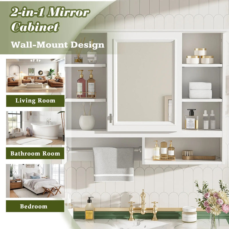 Wall Mount 2 In 1 Mirror Cabinet With Adjustable Shelves, Open Storage, For Bathroom Vanity - White