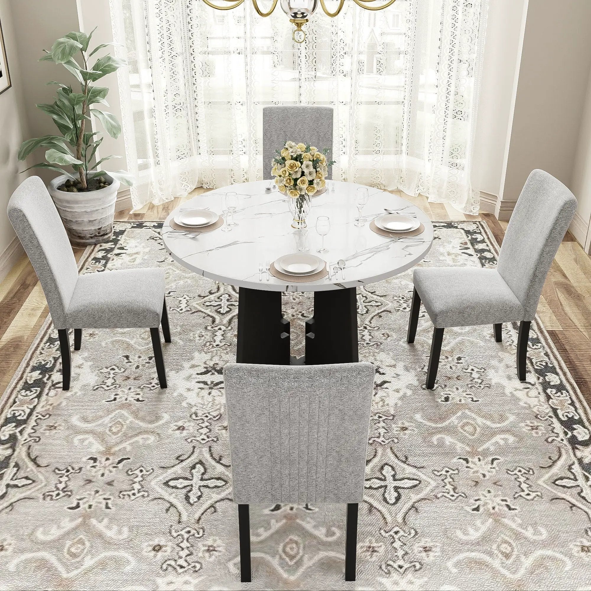 5 Piece Round Dining Table Set, Dining Table And 4 Upholstered Chairs For Dining Room, Kitchen Room, Living Room - White / Gray by Unique Piece Furniture
