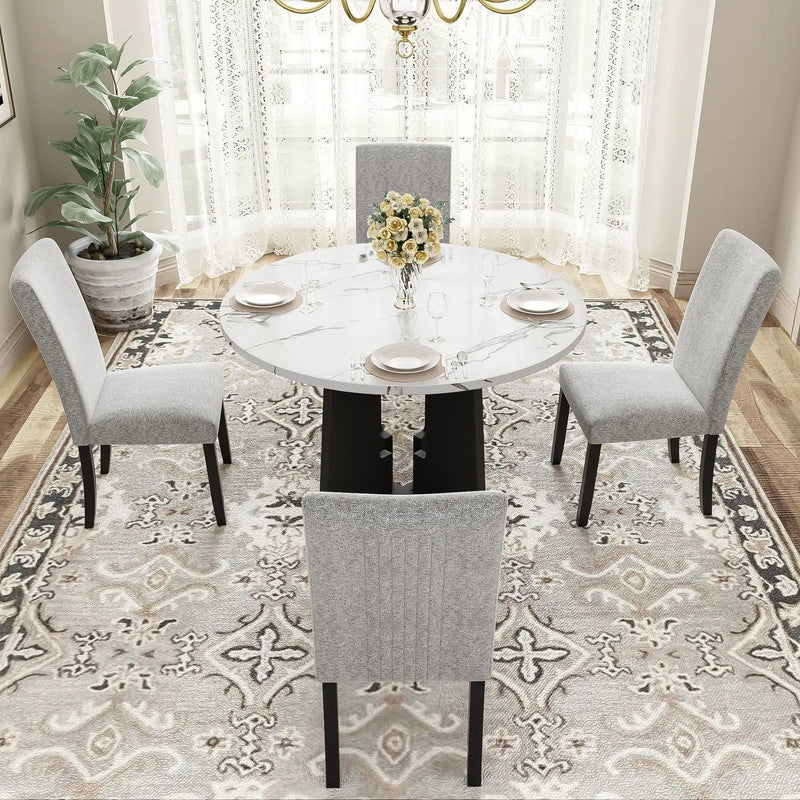 5 Piece Round Dining Table Set, Dining Table And 4 Upholstered Chairs For Dining Room, Kitchen Room, Living Room - White / Gray by Unique Piece Furniture