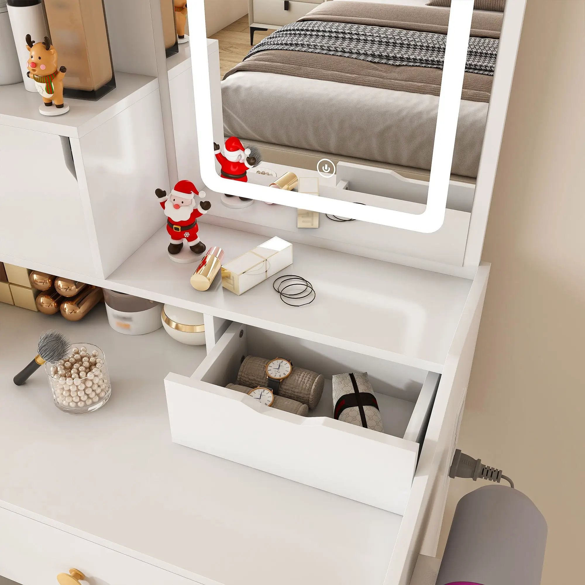 3 Color LED Vanity Mirror With Stool, Dressing Table For Bedroom, 2 Drawers & 5 Storage Cabinets (4 Open + 1 Hidden), Adjustable Lighting - White by HouseOfZazla