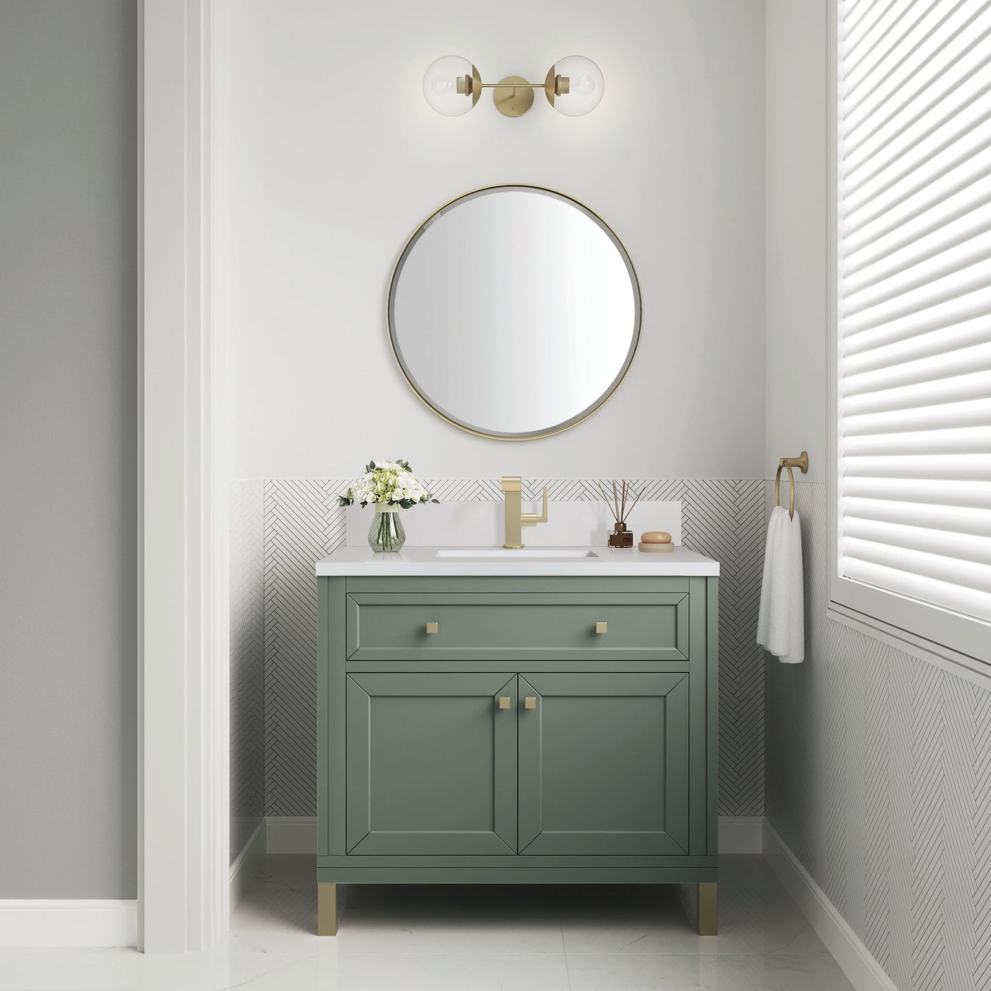 James Martin Chicago 36" Single Bathroom Vanity, Smokey Celadon with White Zeus (Single Hole, with Backsplash) countertop