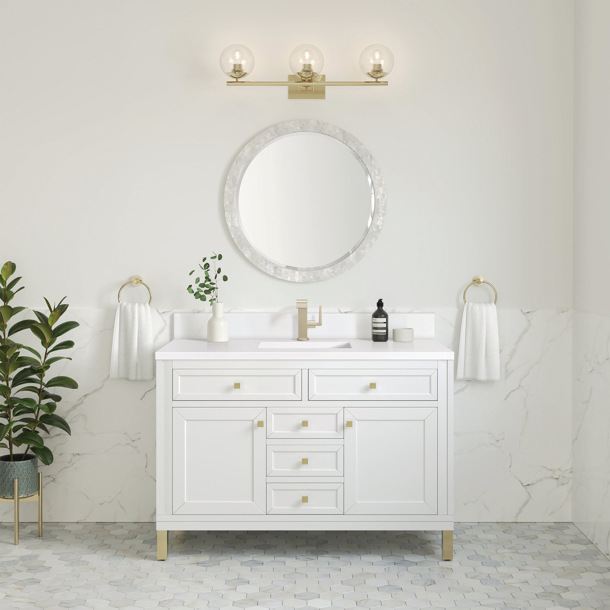 James Martin Chicago 48" Single Bathroom Vanity, Glossy White with White Zeus (Single Hole, with Backsplash) countertop