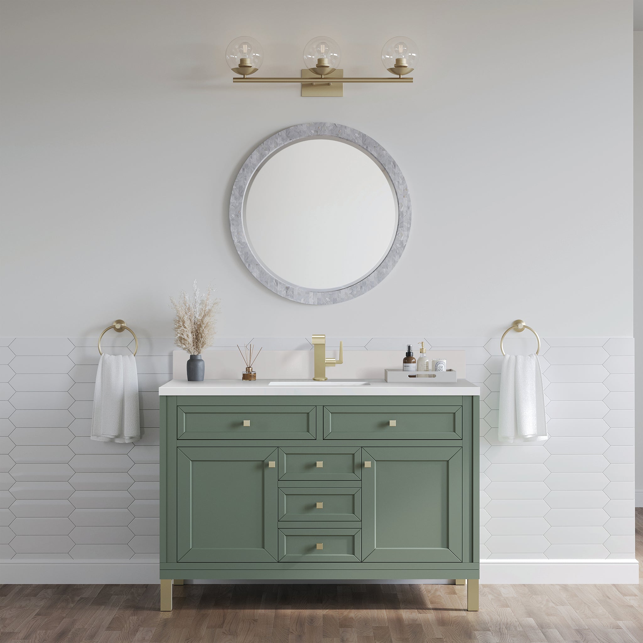 James Martin Chicago 48" Single Bathroom Vanity, Smokey Celadon with White Zeus (Single Hole, with Backsplash) countertop