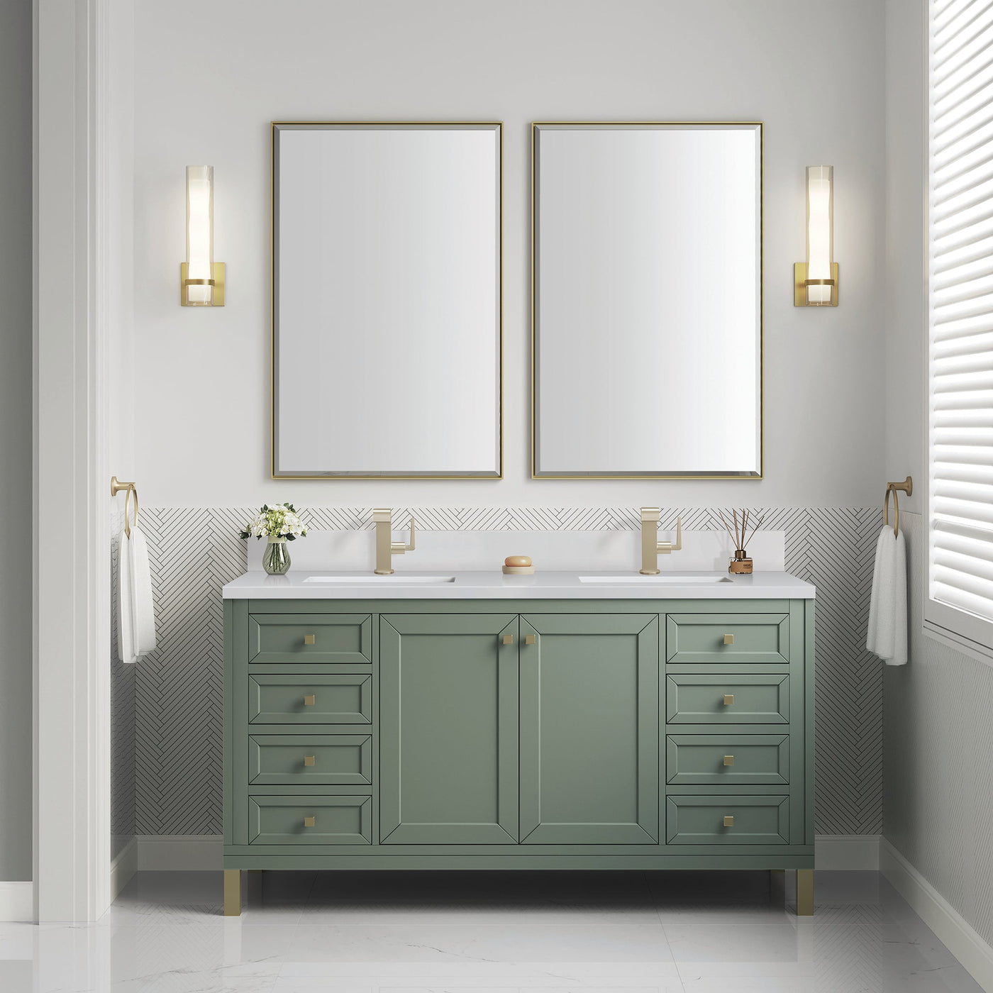 James Martin Chicago 60" Double Bathroom Vanity, Smokey Celadon with White Zeus (Single Hole, with Backsplash) countertop